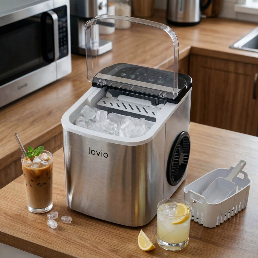 Lovio Crystal Ice Plus ismaskin för hemmabruk, i stål, silverfärgad, snabb isproduktion