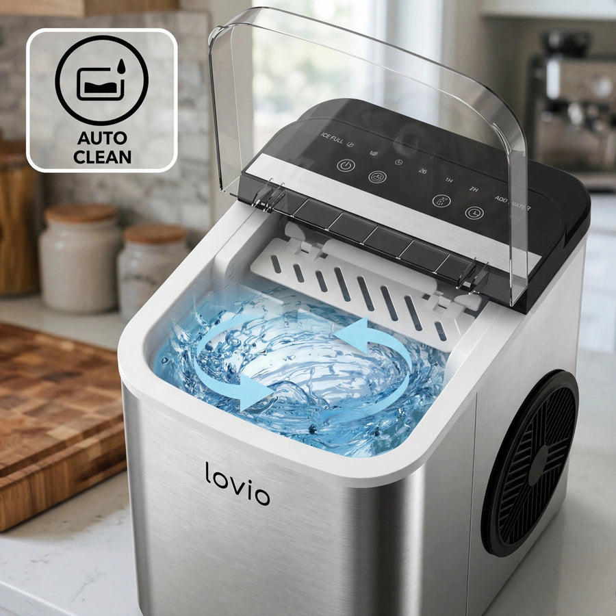 Lovio Crystal Ice Plus ismaskin för hemmabruk, i stål, silverfärgad, snabb isproduktion