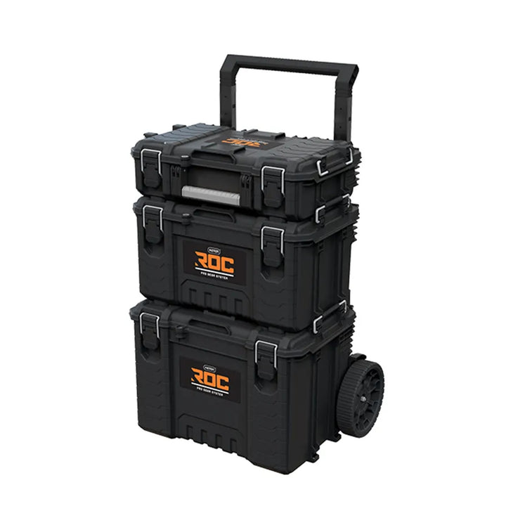 Set med 3 verktygslådor Keter ROC Pro Gear 2.0, total volym 110 liter, skyddsklass IP65, avtagbart teleskophandtag, kan låsas med hänglås, 256982