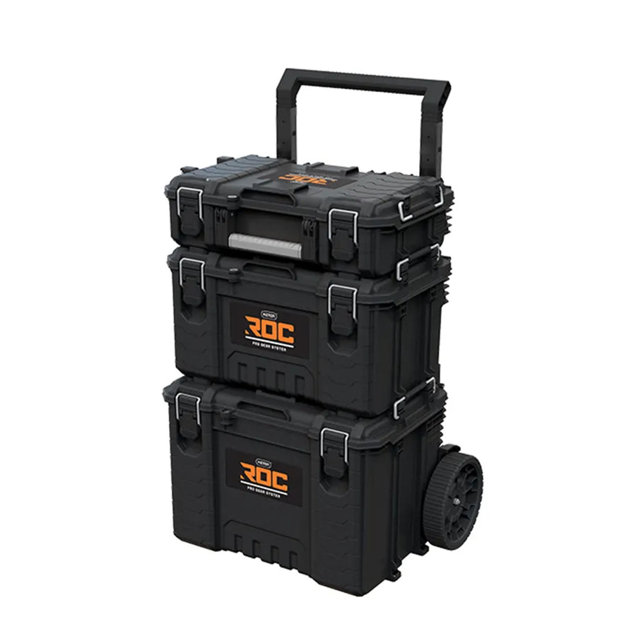 Set med 3 verktygslådor Keter ROC Pro Gear 2.0, total volym 110 liter, skyddsklass IP65, avtagbart teleskophandtag, kan låsas med hänglås, 256982