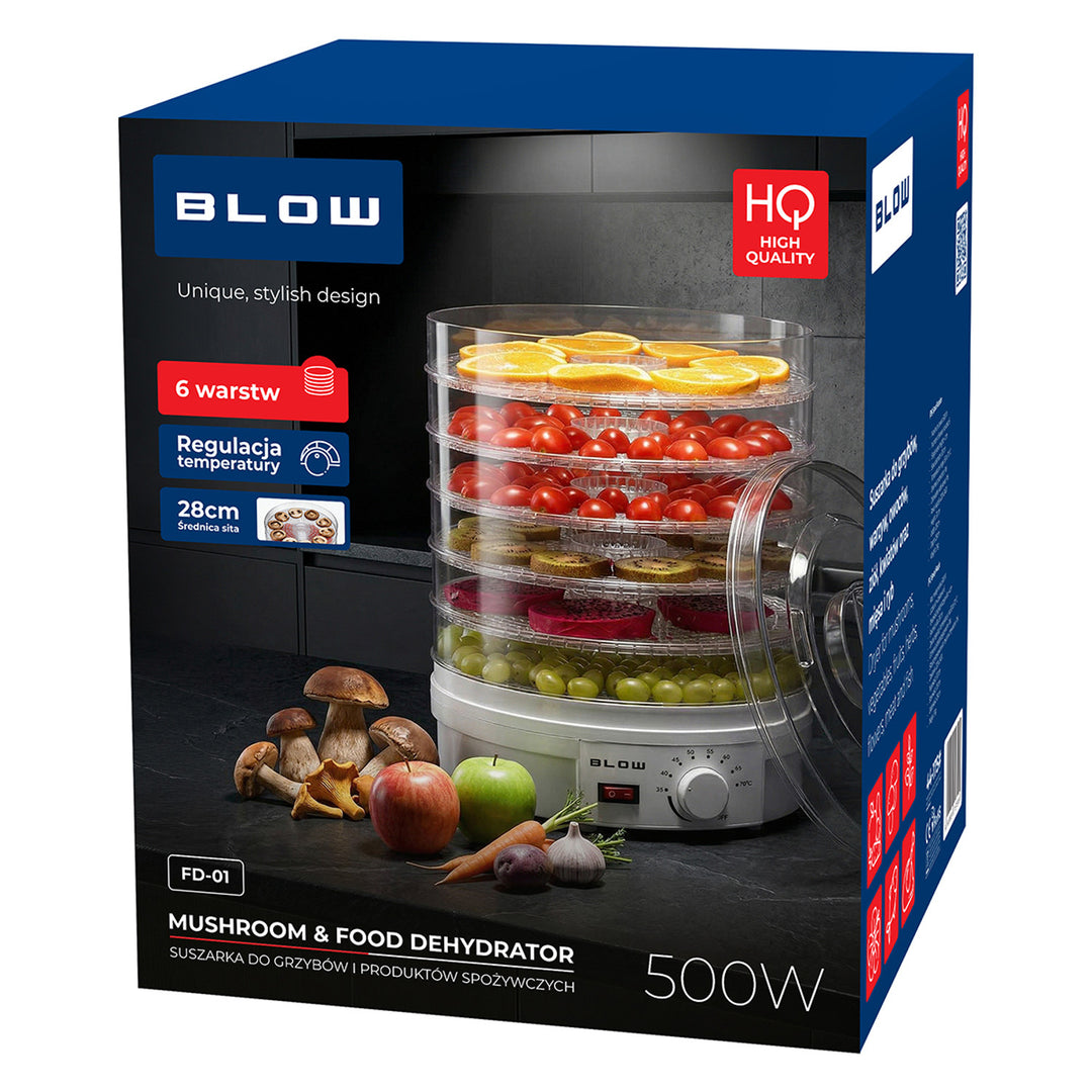 Tork för svamp, grönsaker och frukt – Blow, effekt 500 W, 6 galler ingår, temperaturreglering 35–75 °C, 44–175
