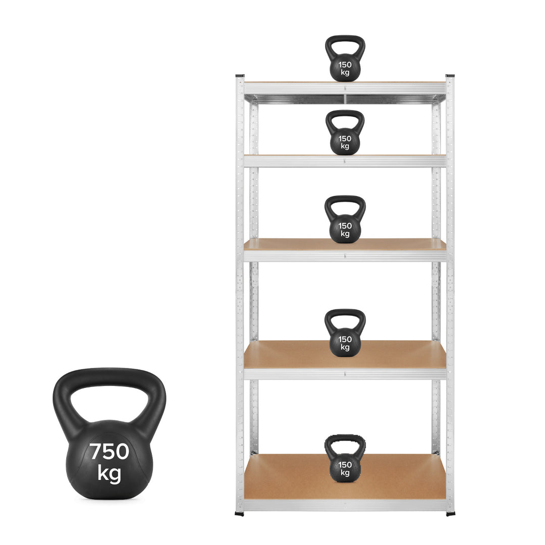 Lagerhylla i metall, 5 hyllplan, maximal belastning upp till 750 kg, 180x90x40, silverfärgad Rebel