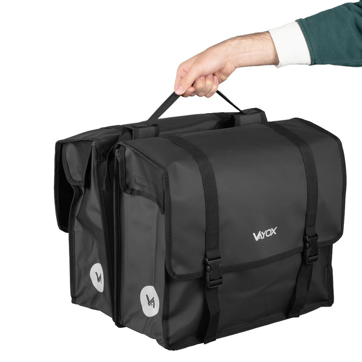 Dubbel cykelväska i PVC för pakethållare med handtag, svart, 40 liter, VA0446, Vayox