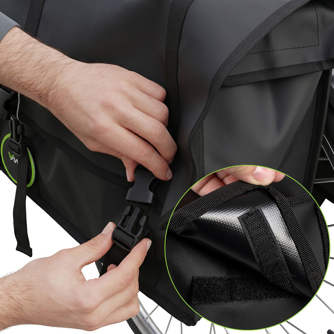 Dubbel cykelväska i PVC för pakethållare med handtag, svart, 40 liter, VA0446, Vayox