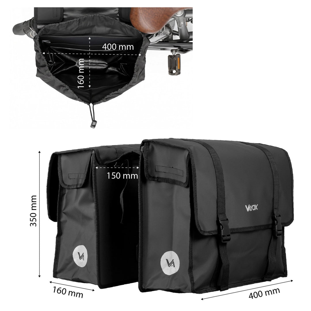 Dubbel cykelväska i PVC för pakethållare med handtag, svart, 40 liter, VA0446, Vayox