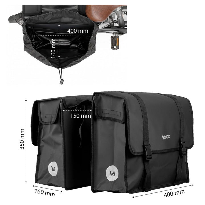 Dubbel cykelväska i PVC för pakethållare med handtag, svart, 40 liter, VA0446, Vayox