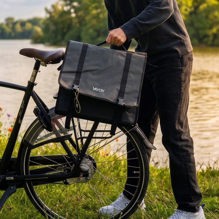Dubbel cykelväska i PVC för pakethållare med handtag, svart, 40 liter, VA0446, Vayox