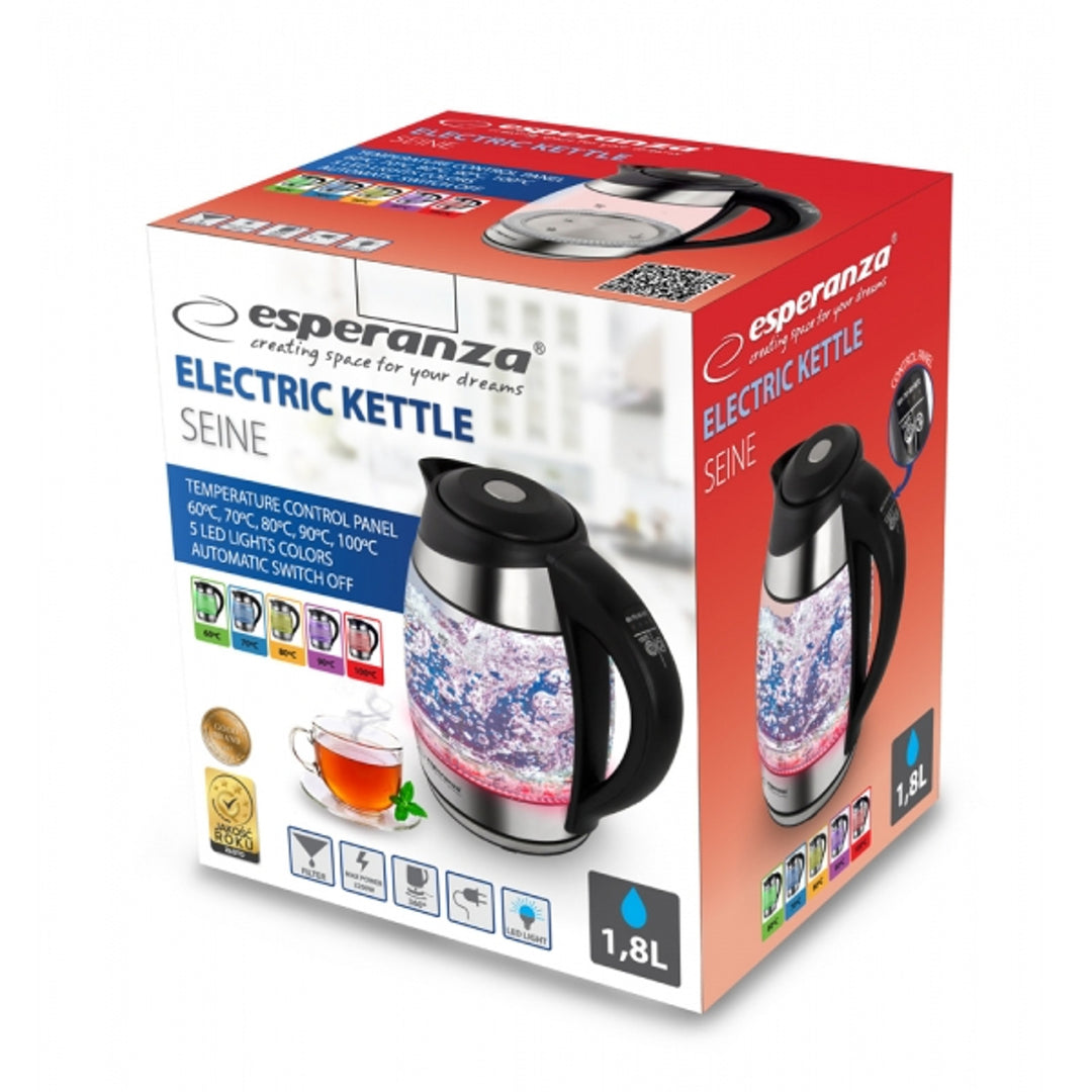Elektrisk vattenkokare, i glas, med LED-belysning och termostat, 1,8 l, Esperanza