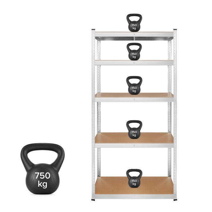 Lagerhylla i metall, 5 hyllplan, maximal belastning upp till 750 kg, 180x90x40, silverfärgad Rebel, 2 stycken