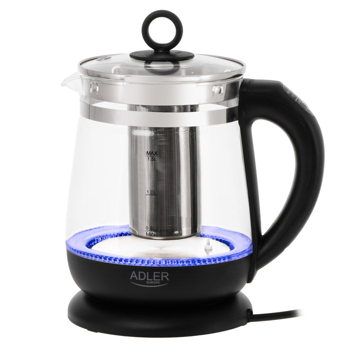 Glasvattenkokare 1,5 l med tefilter och temperaturreglering, 2200 W, LED, 60–100 °C, Adler AD 1299, svart