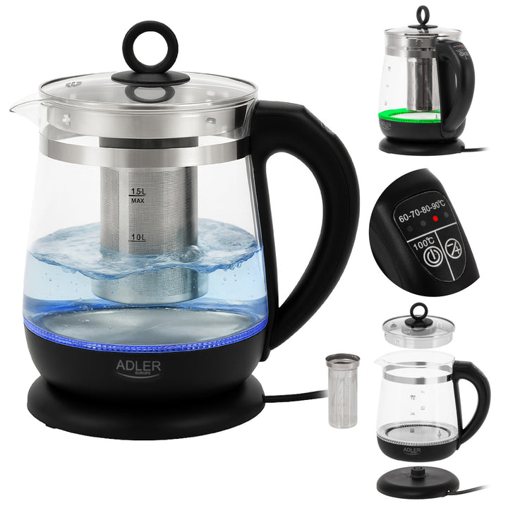 Glasvattenkokare 1,5 l med tefilter och temperaturreglering, 2200 W, LED, 60–100 °C, Adler AD 1299, svart