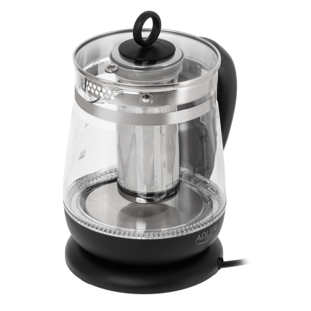 Glasvattenkokare 1,5 l med tefilter och temperaturreglering, 2200 W, LED, 60–100 °C, Adler AD 1299, svart