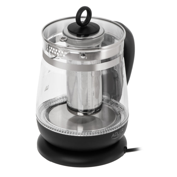 Glasvattenkokare 1,5 l med tefilter och temperaturreglering, 2200 W, LED, 60–100 °C, Adler AD 1299, svart