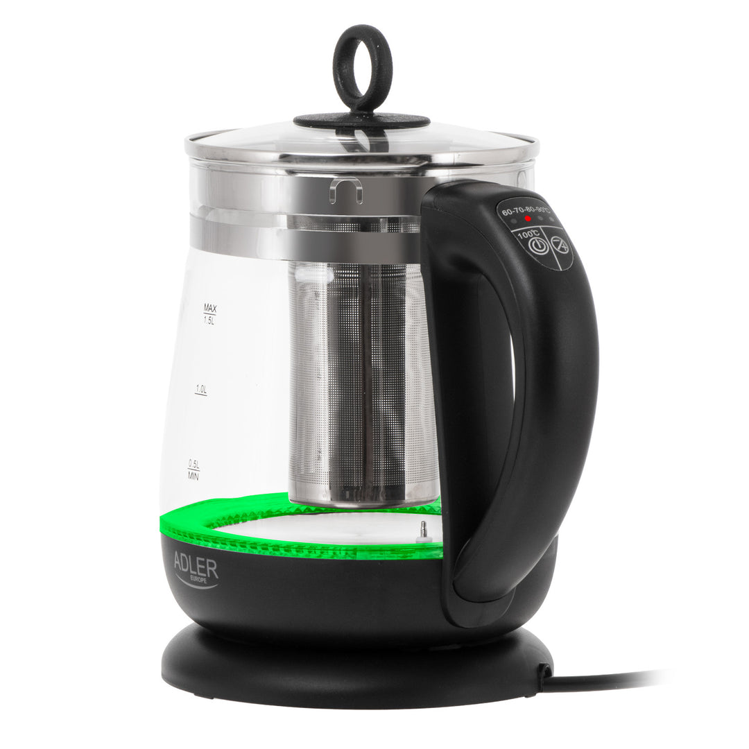 Glasvattenkokare 1,5 l med tefilter och temperaturreglering, 2200 W, LED, 60–100 °C, Adler AD 1299, svart