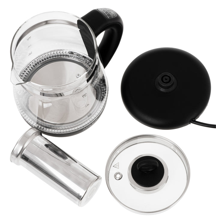 Glasvattenkokare 1,5 l med tefilter och temperaturreglering, 2200 W, LED, 60–100 °C, Adler AD 1299, svart