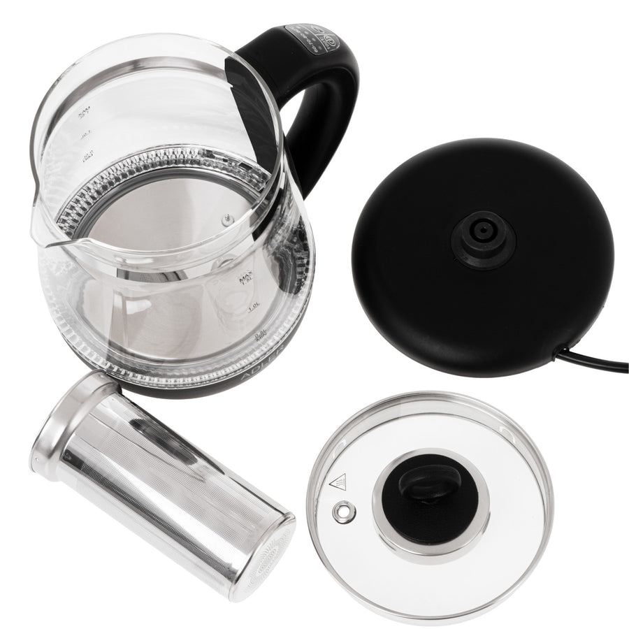 Glasvattenkokare 1,5 l med tefilter och temperaturreglering, 2200 W, LED, 60–100 °C, Adler AD 1299, svart