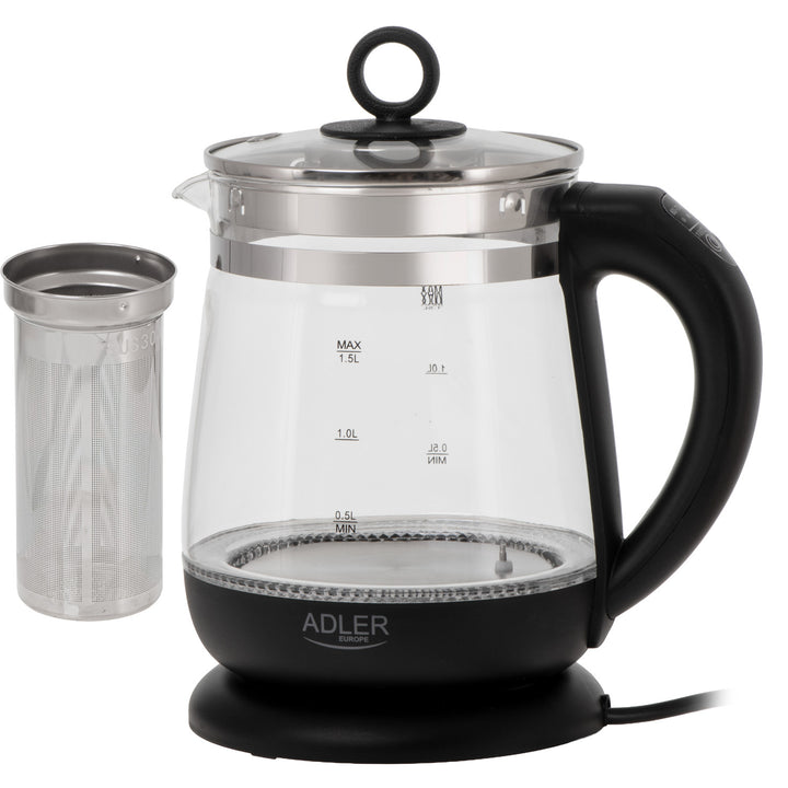 Glasvattenkokare 1,5 l med tefilter och temperaturreglering, 2200 W, LED, 60–100 °C, Adler AD 1299, svart