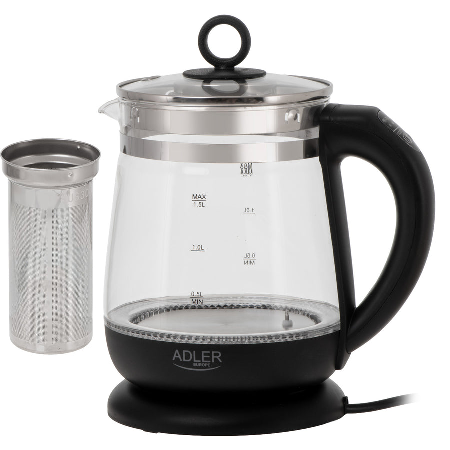 Glasvattenkokare 1,5 l med tefilter och temperaturreglering, 2200 W, LED, 60–100 °C, Adler AD 1299, svart