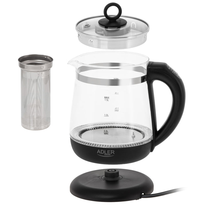 Glasvattenkokare 1,5 l med tefilter och temperaturreglering, 2200 W, LED, 60–100 °C, Adler AD 1299, svart