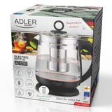 Glasvattenkokare 1,5 l med tefilter och temperaturreglering, 2200 W, LED, 60–100 °C, Adler AD 1299, svart