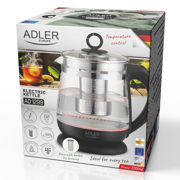 Glasvattenkokare 1,5 l med tefilter och temperaturreglering, 2200 W, LED, 60–100 °C, Adler AD 1299, svart