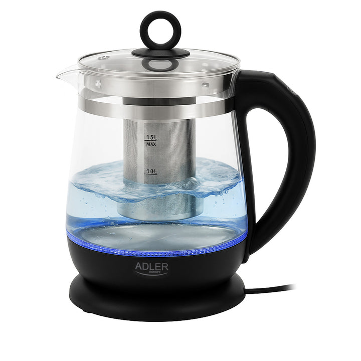 Glasvattenkokare 1,5 l med tefilter och temperaturreglering, 2200 W, LED, 60–100 °C, Adler AD 1299, svart