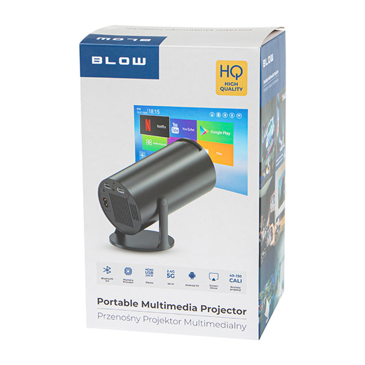 Bärbar projektor Blow, Android TV, inbyggd högtalare på 3 W, upplösning på 720p och avkodning upp till 4K, skarp och levande bild, 79-705#