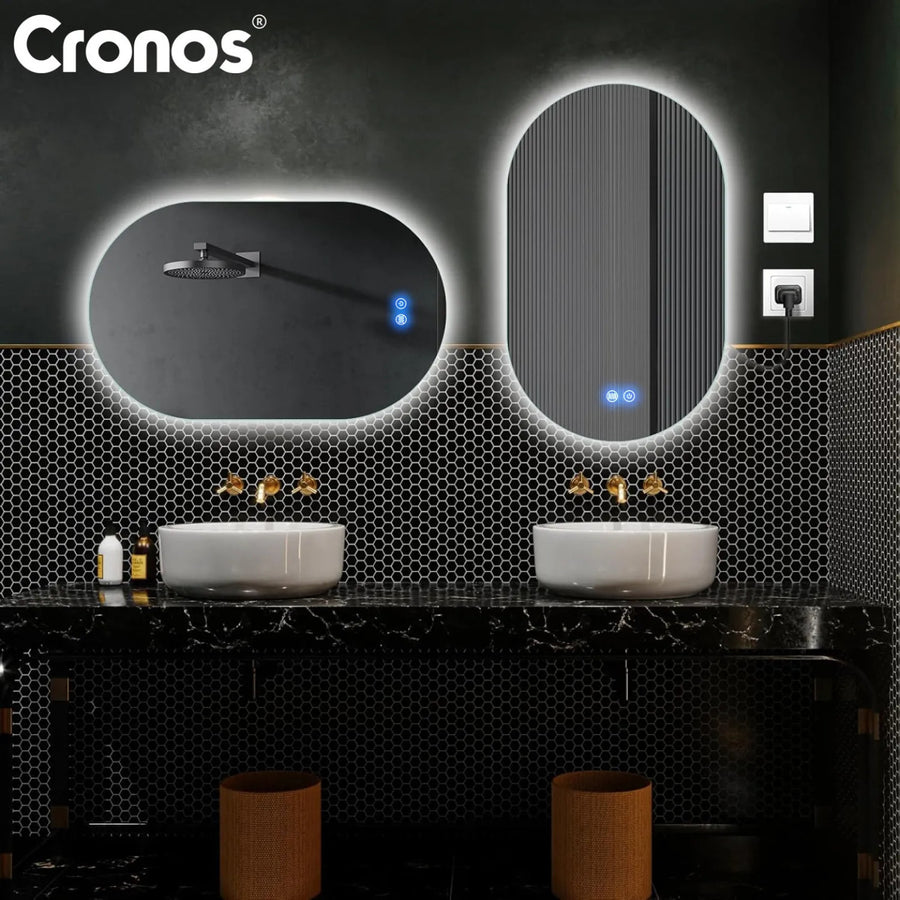 Cronos uppvärmt spegel, ovalt 50x80 cm, LED i tre färger, skyddsklass IP44, imskyddssystem