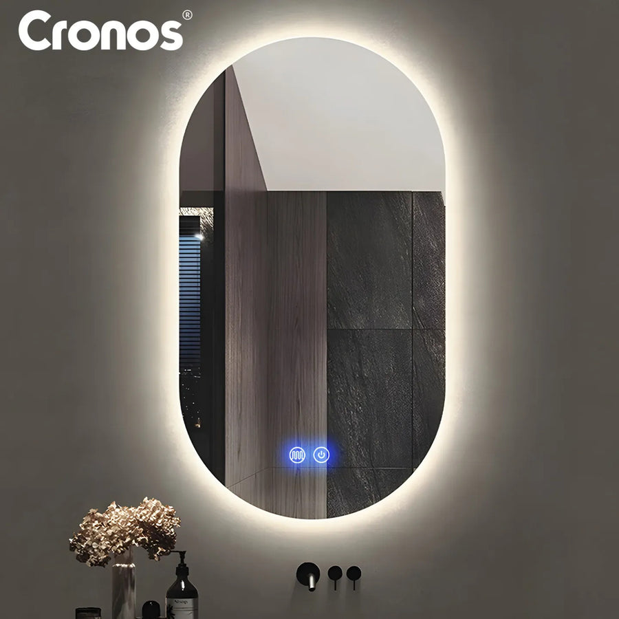 Cronos uppvärmt spegel, ovalt 50x80 cm, LED i tre färger, skyddsklass IP44, imskyddssystem