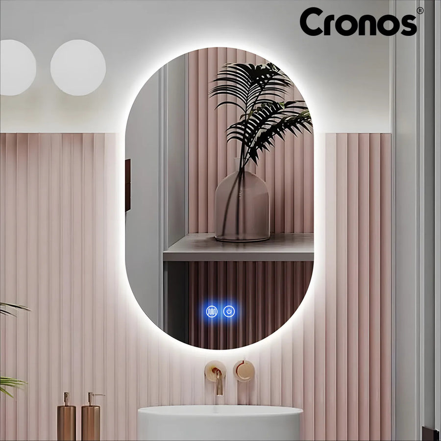 Cronos uppvärmt spegel, ovalt 50x80 cm, LED i tre färger, skyddsklass IP44, imskyddssystem