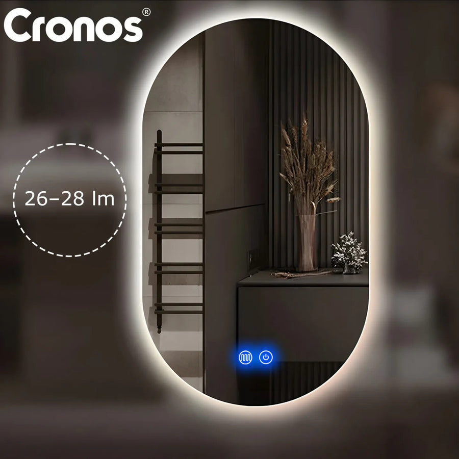 Cronos uppvärmt spegel, ovalt 50x80 cm, LED i tre färger, skyddsklass IP44, imskyddssystem