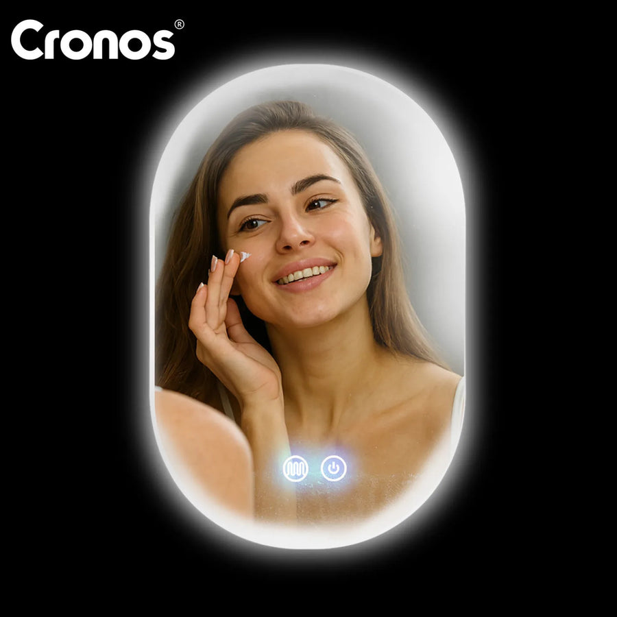 Cronos uppvärmt spegel, ovalt 50x80 cm, LED i tre färger, skyddsklass IP44, imskyddssystem