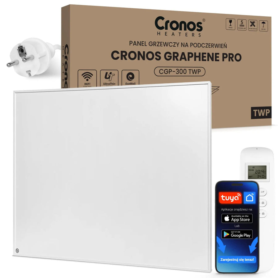 Cronos Graphene infraröd värmepanel, effekt 300 W, färg: vit, värmer upp ett rum på upp till 8 m², fjärrkontroll, PRO CGP-300TWP