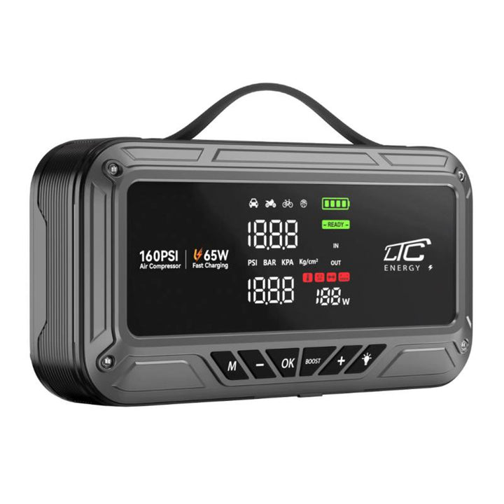 Jump Starter LTC, 12 000 mAh, med kompressor, ficklampa och powerbank, LCD-skärm, effekt 65 W, kablar och fodral ingår, LXJS120