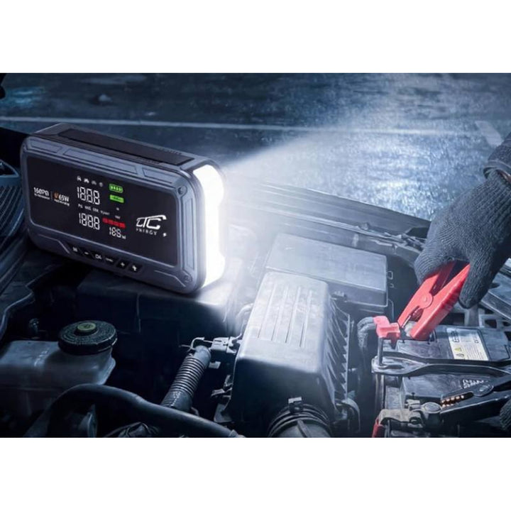 Jump Starter LTC, 12 000 mAh, med kompressor, ficklampa och powerbank, LCD-skärm, effekt 65 W, kablar och fodral ingår, LXJS120