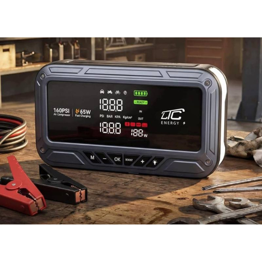 Jump Starter LTC, 12 000 mAh, med kompressor, ficklampa och powerbank, LCD-skärm, effekt 65 W, kablar och fodral ingår, LXJS120