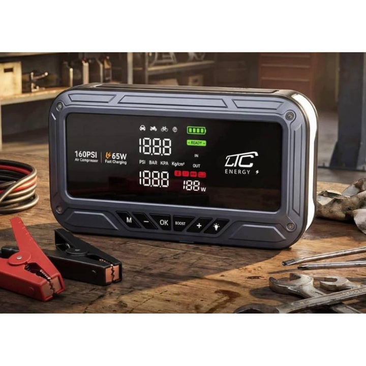Jump Starter LTC, 12 000 mAh, med kompressor, ficklampa och powerbank, LCD-skärm, effekt 65 W, kablar och fodral ingår, LXJS120