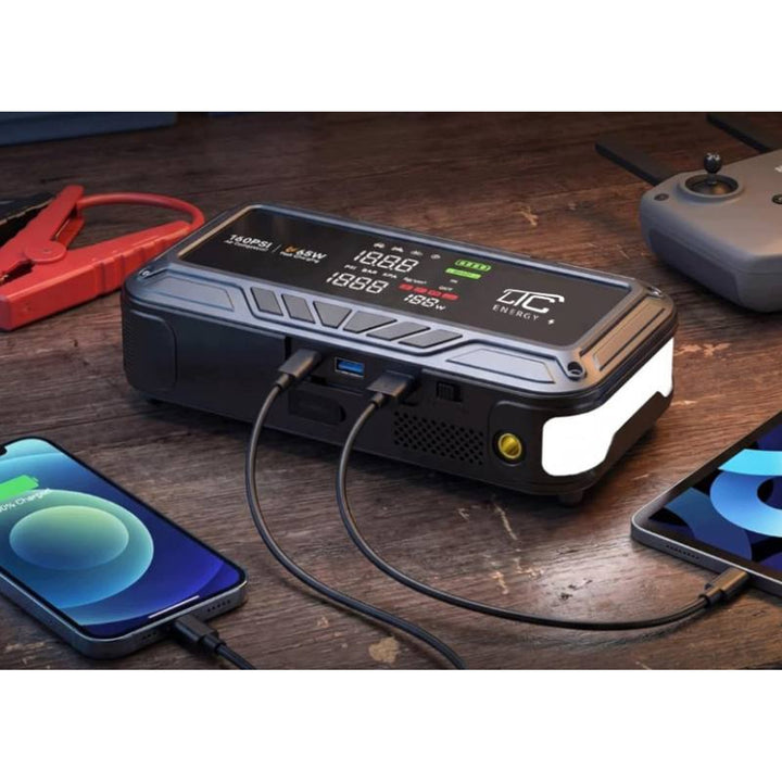 Jump Starter LTC, 12 000 mAh, med kompressor, ficklampa och powerbank, LCD-skärm, effekt 65 W, kablar och fodral ingår, LXJS120