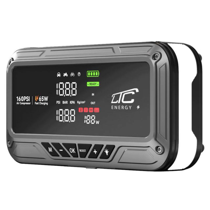 Jump Starter LTC, 12 000 mAh, med kompressor, ficklampa och powerbank, LCD-skärm, effekt 65 W, kablar och fodral ingår, LXJS120