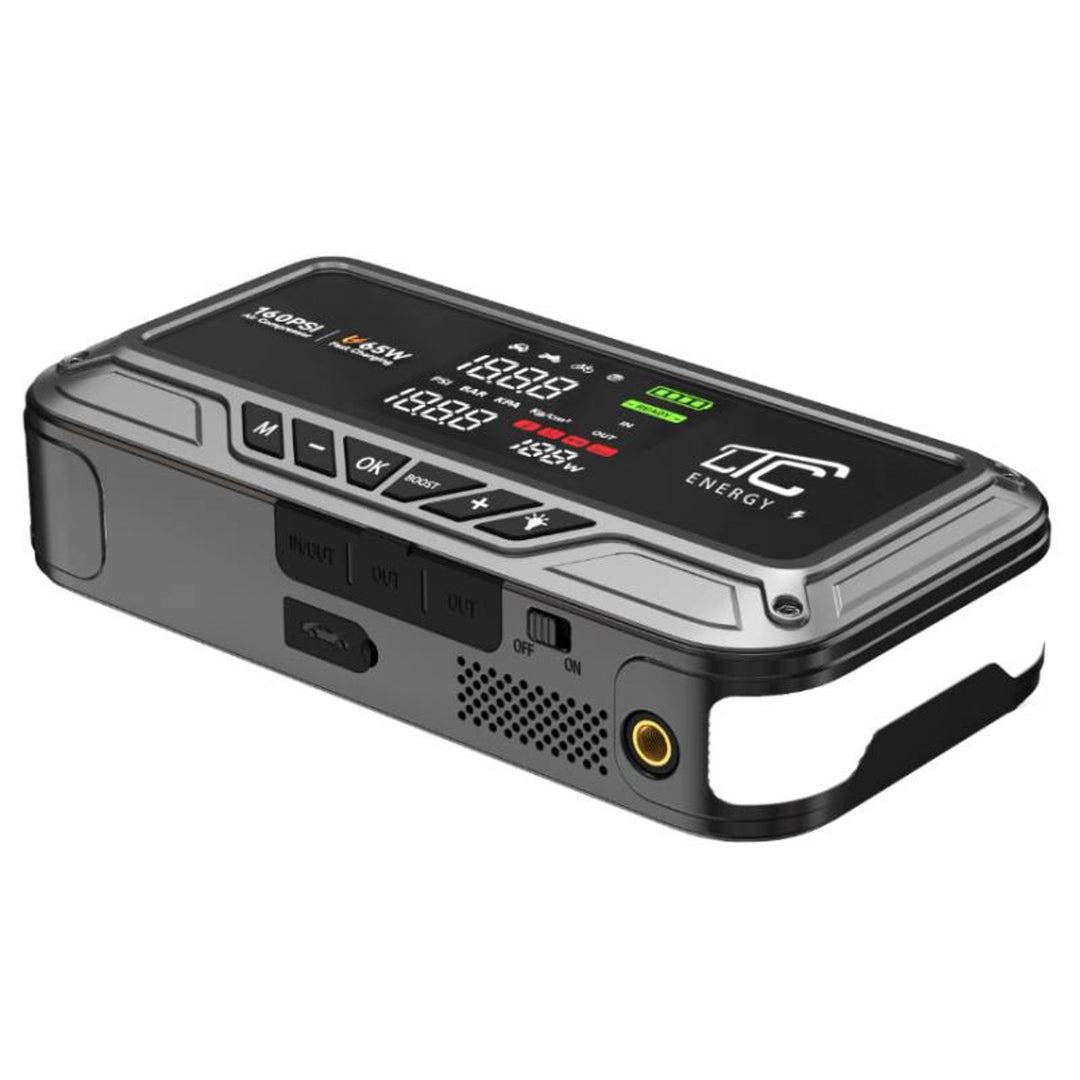 Jump Starter LTC, 12 000 mAh, med kompressor, ficklampa och powerbank, LCD-skärm, effekt 65 W, kablar och fodral ingår, LXJS120