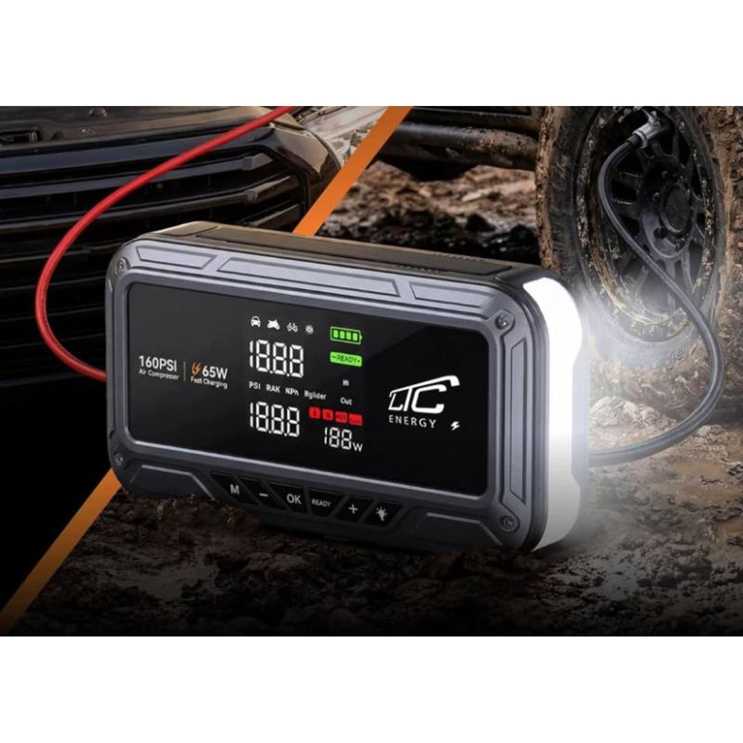 Jump Starter LTC, 12 000 mAh, med kompressor, ficklampa och powerbank, LCD-skärm, effekt 65 W, kablar och fodral ingår, LXJS120