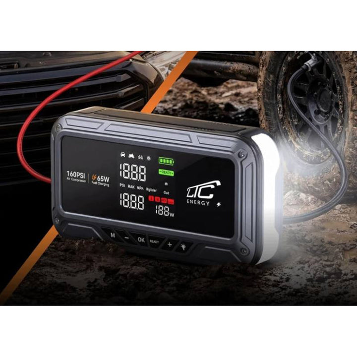 Jump Starter LTC, 12 000 mAh, med kompressor, ficklampa och powerbank, LCD-skärm, effekt 65 W, kablar och fodral ingår, LXJS120