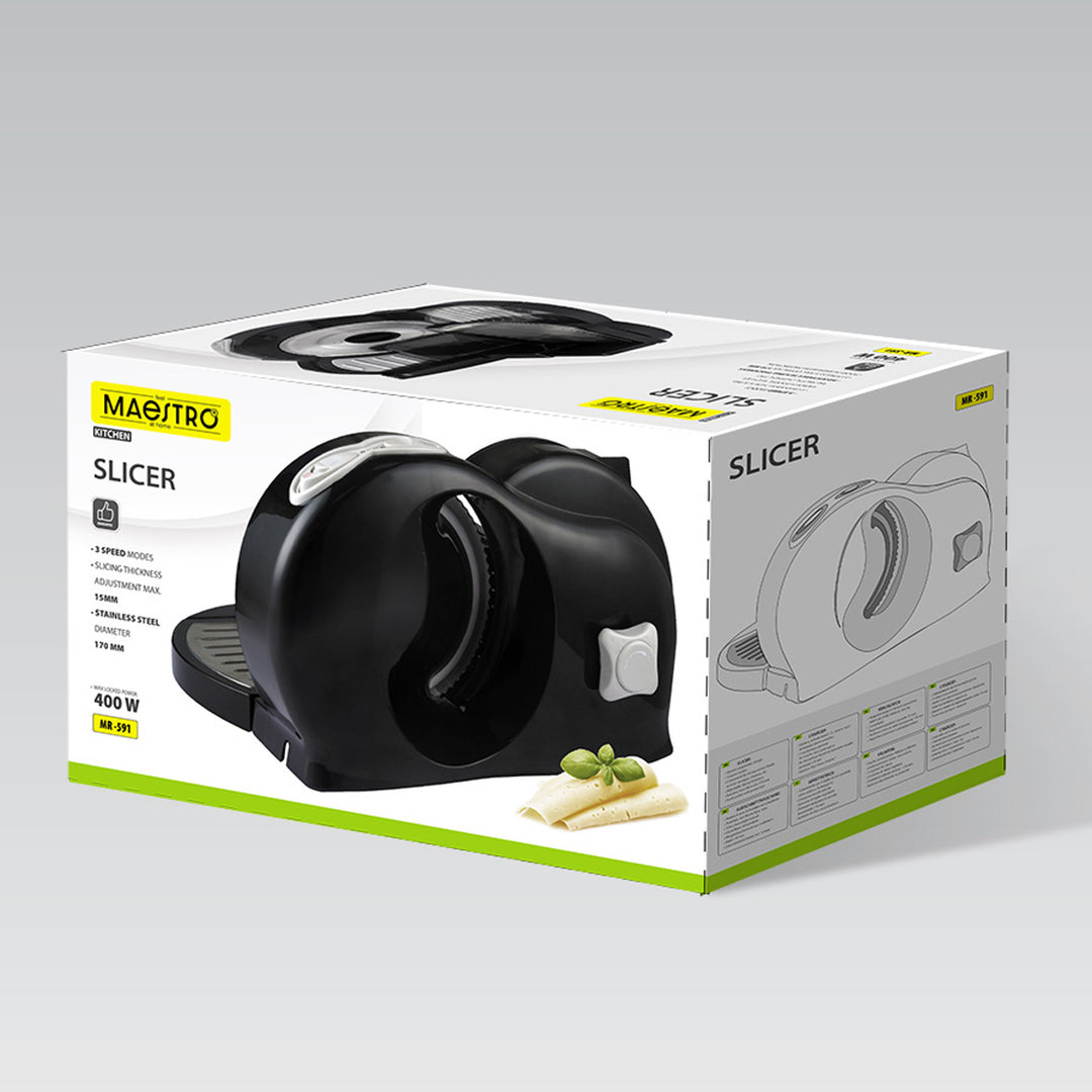 Maestro-skärmaskin, effekt 400 W, skärbredd 0–15 mm, blad i rostfritt stål, tre skärhastigheter, med nedtryckare och bricka, MR-591
