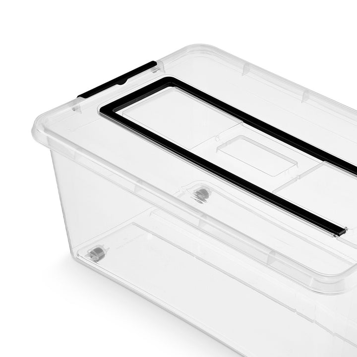 Moxom SimpleStore-behållare, volym 60 liter, genomskinlig, lock med klämmor, försedd med hjul, BPA-fri, 04-0081