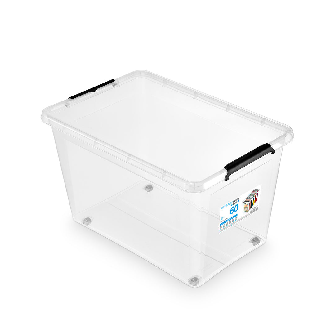 Moxom SimpleStore-behållare, volym 60 liter, genomskinlig, lock med klämmor, försedd med hjul, BPA-fri, 04-0081