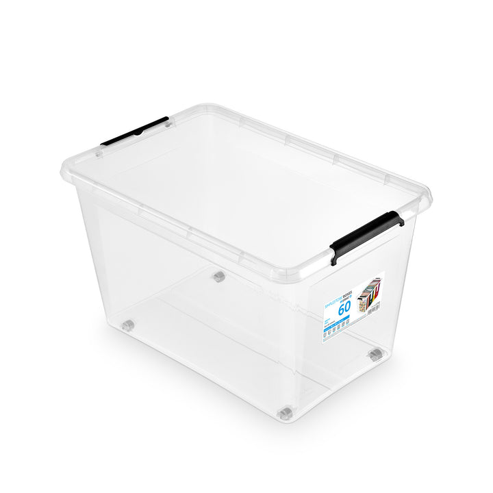 Moxom SimpleStore-behållare, volym 60 liter, genomskinlig, lock med klämmor, försedd med hjul, BPA-fri, 04-0081