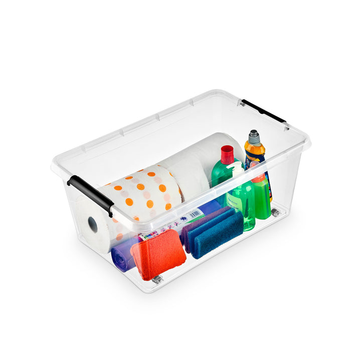 Moxom SimpleStore-behållare, volym 40 liter, genomskinlig, lock med klämfäste, försedd med hjul, BPA-fri, 04-0076
