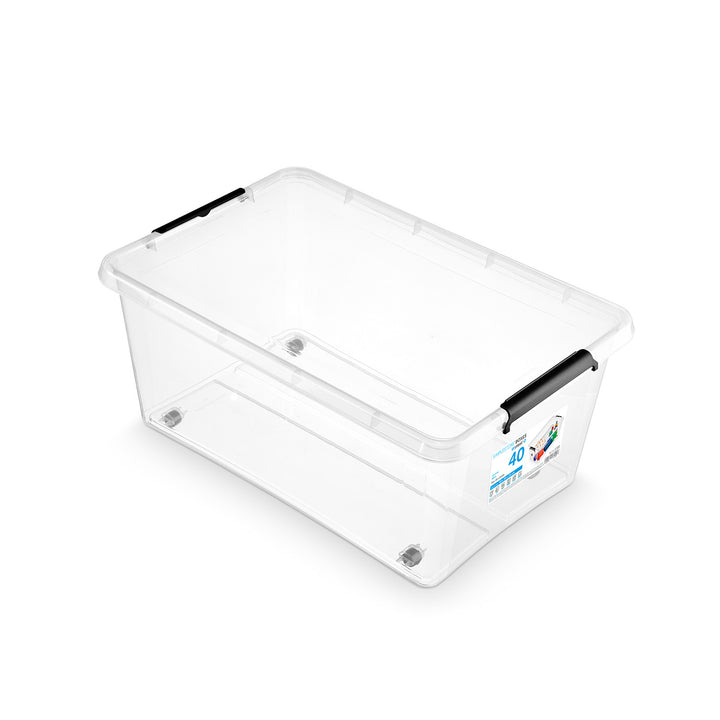 Moxom SimpleStore-behållare, volym 40 liter, genomskinlig, lock med klämfäste, försedd med hjul, BPA-fri, 04-0076
