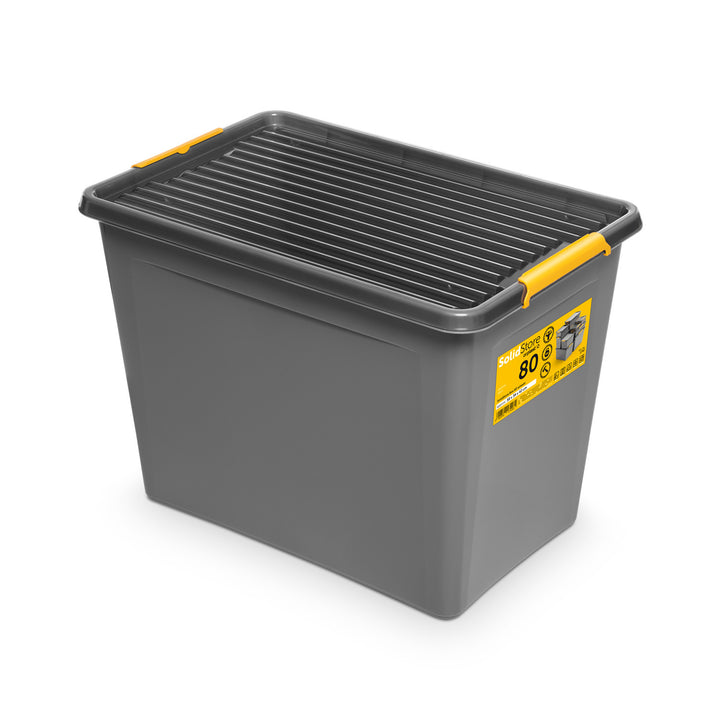Moxom SolidStore-behållare, volym 80 liter, grå, lock med klämmor, med hjul, BPA-fri, 04-0217