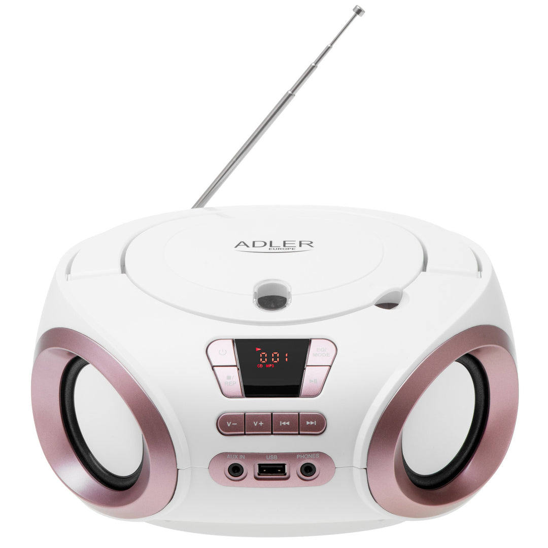 Boombox-radio med CD-MP3, USB, FM-radio, AUX, hörlursuttag, Adler, AD 1181
